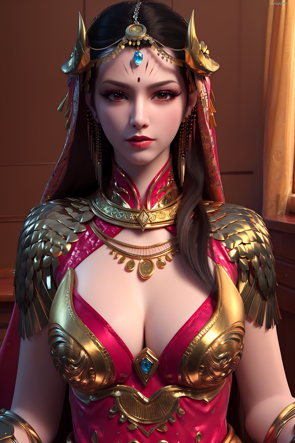 3D,masterpiece,(best quality),(makeup),official art, extremely detailed cg 8k wallpaper,((crystalstexture skin)), (extremely delicate and beautiful),(highly detailed),(face),(gold_trim),(collar),(scarf),(1girl), (solo), (jewelry), (earrings),(black_hair),(long_hair),(hair_ornament),(handwear),(breasts),(chest_protector),((upper_body)),(closed_mouth),(chinese_clothes),(dress),,(multicolored_clothes),(multicolored_dress),(shiny_clothes),(city,indoor,bed),,((looking_at_viewer)),((Facing the camera)),, <lora:hipoly3DModelLora_v10:0.3>