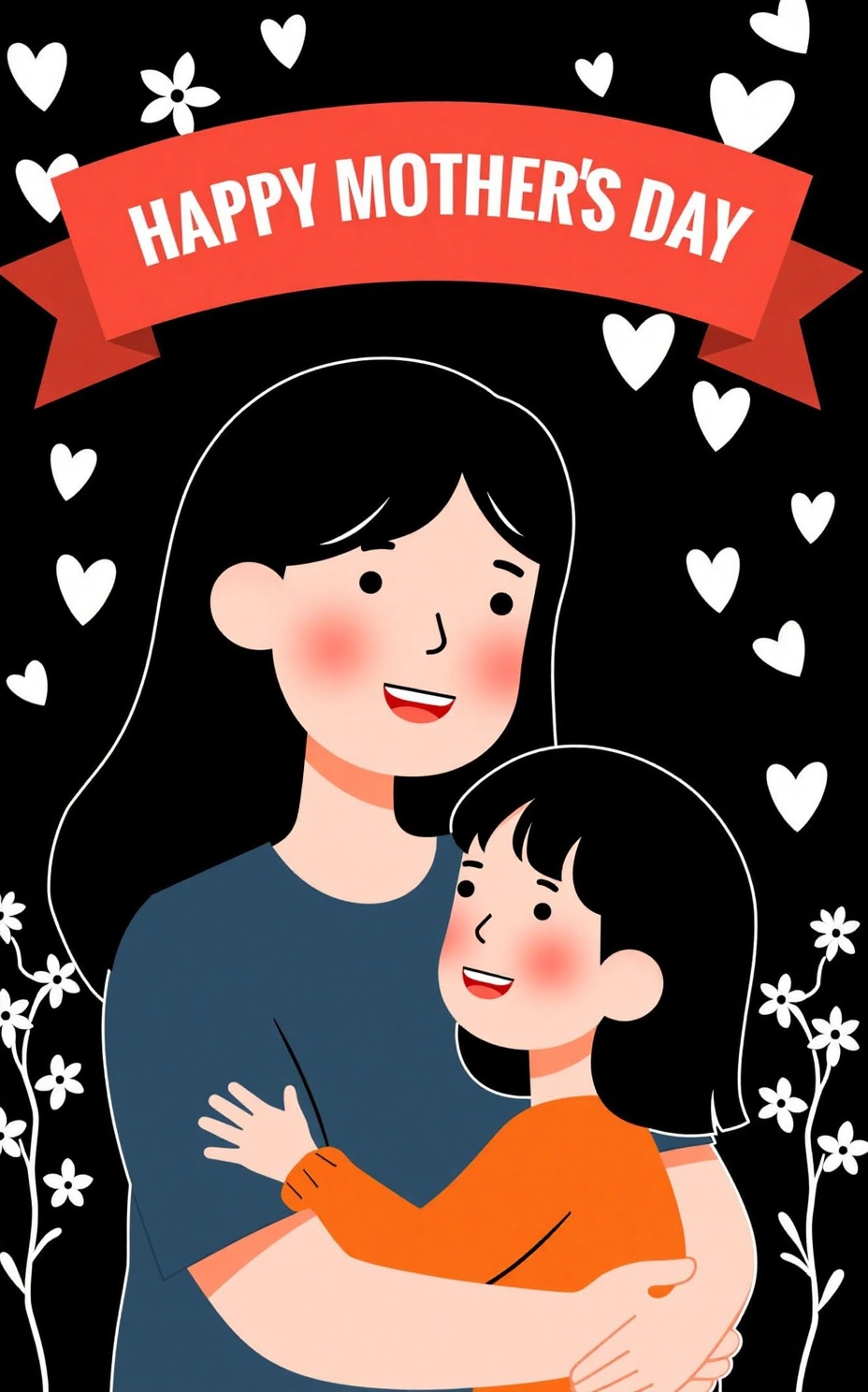 Mother's Day illustration elements, A digital illustration depicts a mother with long black hair and a young girl with shoulder-length black hair, both smiling, embracing each other. The mother wears a dark blue shirt, and the girl wears an orange top. Above them, a red banner reads "HAPPY MOTHER'S DAY." The background is black with white hearts and stylized flowers. 