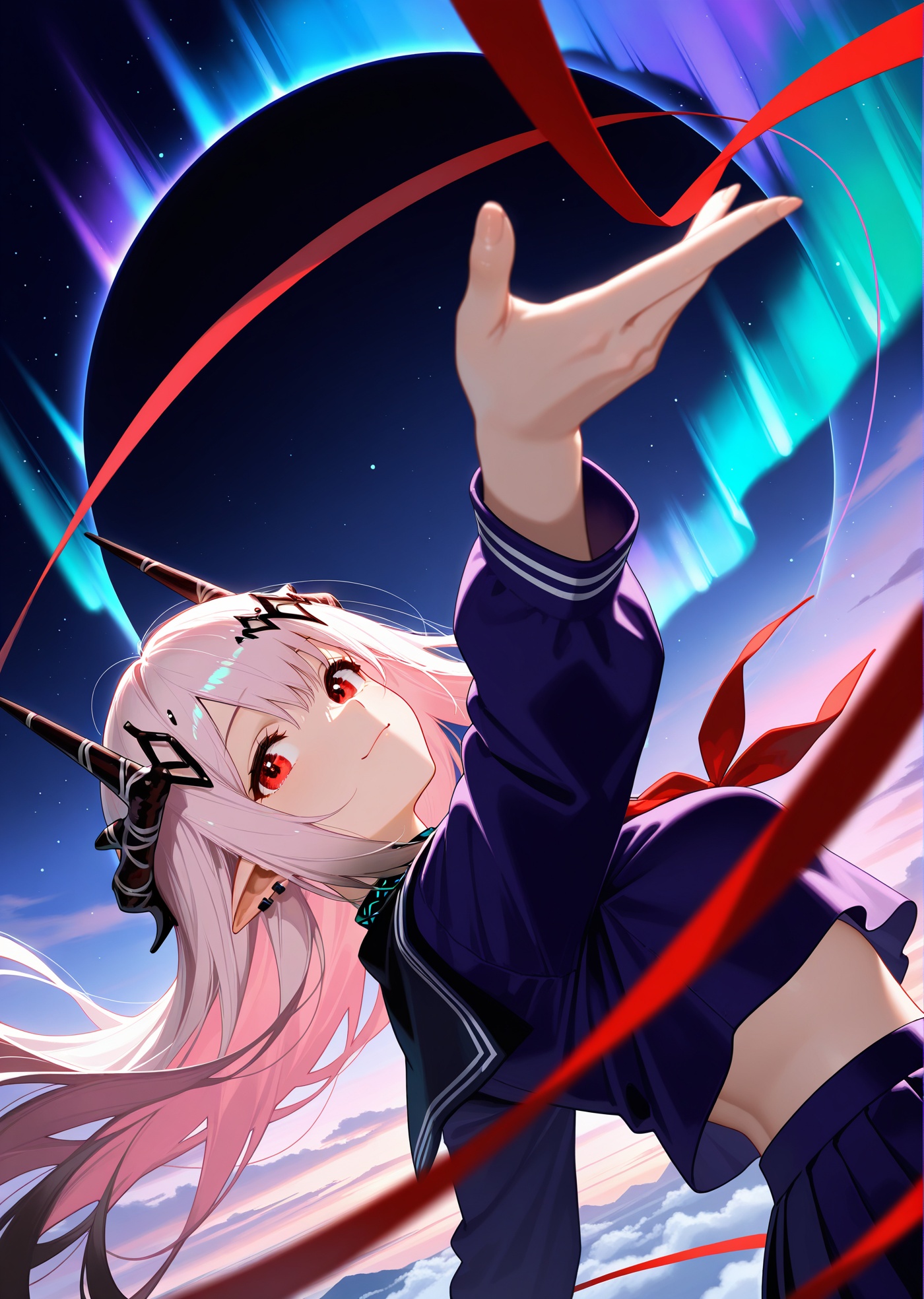 udrock (arknights),masterpiece,best quality,amazing quality,very aesthetic,high resolution,ultra-detailed,absurdres,newest,scenery,colorful,rim light,backlit,dynamic from below dutch angle,highest detailed,upper body,cosmic sky,aurora,chaos,fashion photography of busty cute girl,(cute:1.2),intense long pink hair,long hair,rimlight (purple:0.7) nebulae cosmic eyes,dynamic pose,bokeh,purple serafuku with big red ribbon,(red annular solar eclipse:1.3) passing through hair,perfect night,fantasy background,looking at viewer,light smile,perfect hand,reaching,(colorful light particles:1.2),(face focus:0.7),BREAK hands,fingers,eyes,photorealistic details,detailed background,detailed foreground,extremely detailed eyes,masterpiece,best quality,amazing quality,very aesthetic,high resolution,ultra-detailed,absurdres,newest,scenery,depth of field,volumetric lighting,, masterpiece,best quality,amazing quality,very aesthetic,absurdres,newest,scenery，masterpiece, best quality, amazing quality, very aesthetic, absurdres, newest,