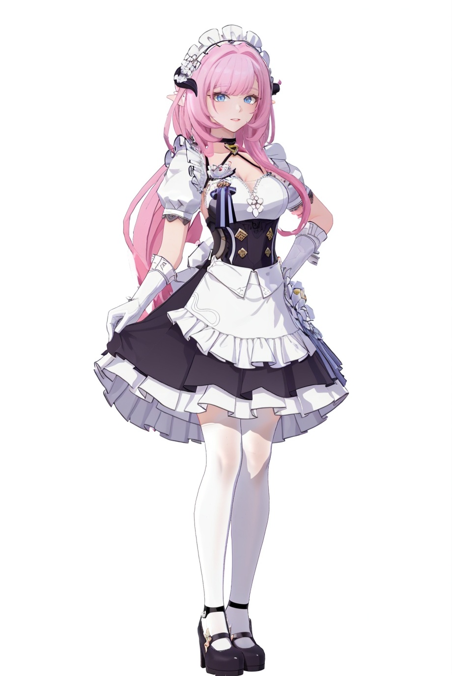 8k,best quality,masterpiece,(ultra-detailed),(high detailed skin),(by nanoless, by misumi \(macaroni\),:0.5),A full-body portrait of a young girl,standing gracefully,pastel art style,high-key lighting,shoujo manga influence,hd quality,delicate details,full body,full shot,standing,looking at viewer,(solo:1.2),simple background,(white background:1.2),<lora:Elysia-sd-Tanger-000019:0.8>,elysia \(honkai impact\),Elysianp,clothes: Elysianp maid dress,1girl,pink hair,pointy ears,long hair,maid,white gloves,elf,white Elysianp thighhighs,bangs,blue eyes,Elysianp maid headdress,apron,closed mouth,breasts,short sleeves,frills,maid apron,