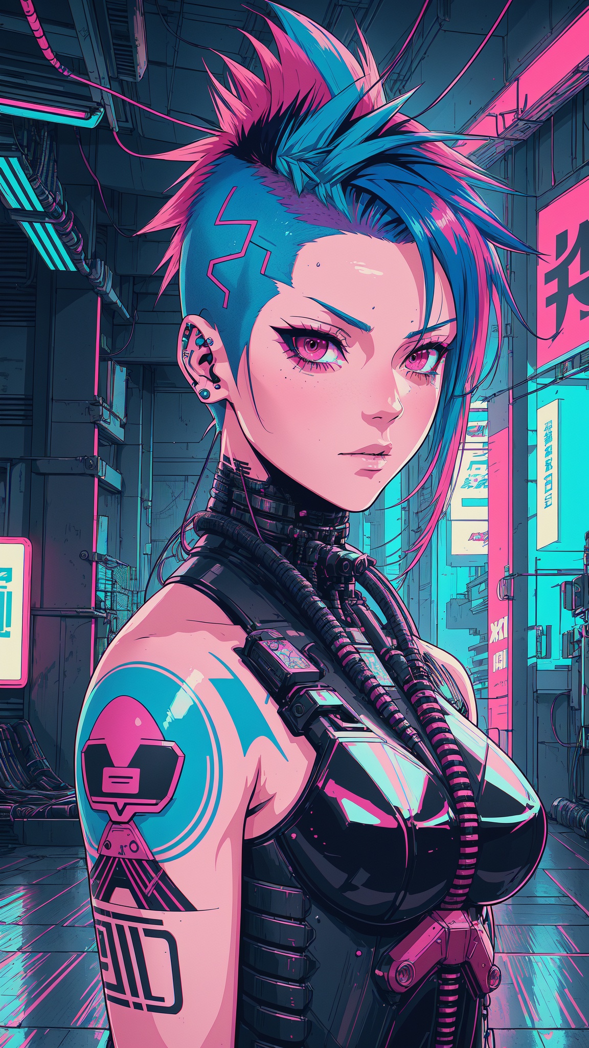 Virtual Realism,  A girl with short multicolored pink teal and blue hair faux hawk style,  red eyes on Tensor.Art