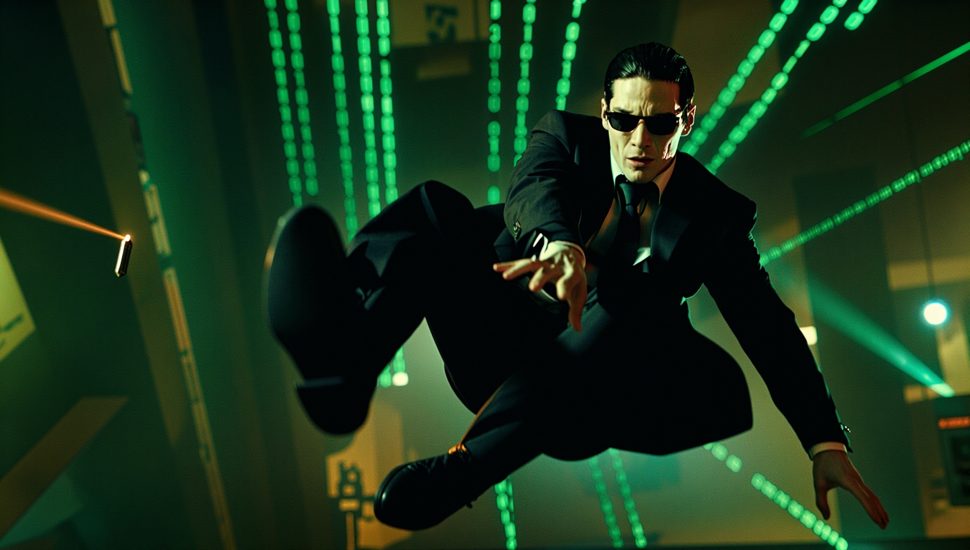 Neo in the Matrix,  frozen mid-air during a slow-motion bullet dodge,  green code cascading in the background on Tensor.Art