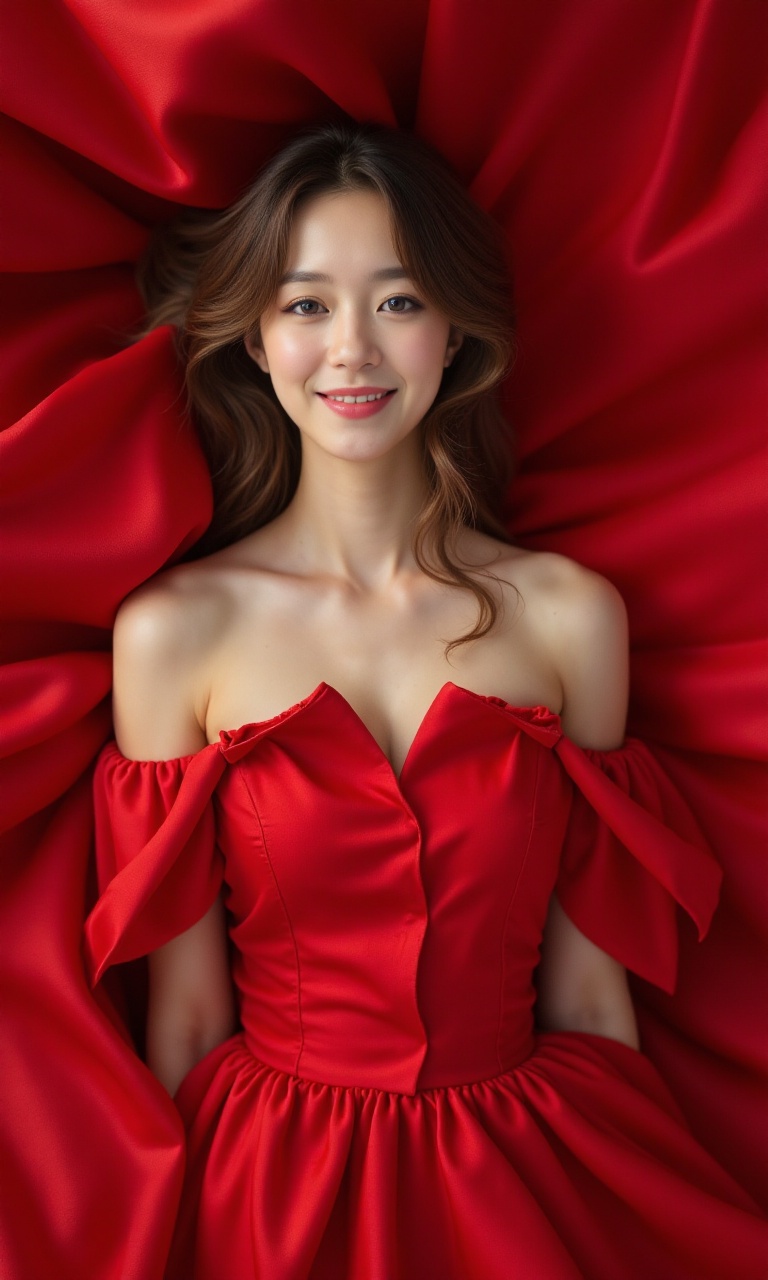 Caucasian,The image features upper body of a young woman of European descent next to a red silk wall of an studio setting,dynamic pose,surrounded by red silk. (She is wearing a red silk dress),paired with a bold. Her brown hair is wet and tousled,falling naturally around her face,giving her a raw and edgy look. The woman has an intense and direct gaze,adding to the dramatic feel of the image. The backdrop is flowing red silk,big red silk screen. The overall composition blends elements of fashion and nature,creating a striking and powerful visual., <lora:my-v67:1>