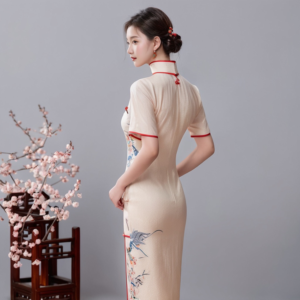 (Solo),from behind, full body, a 20-year-old beautiful idol girl wearing cheongsam, simple background, indoor, standing,