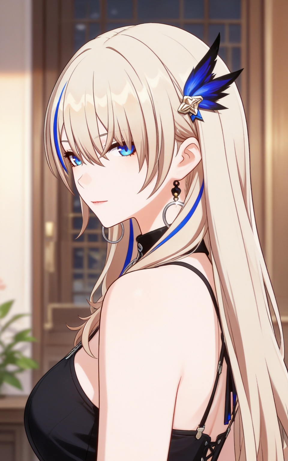 depth of field,masterpiece,best quality,very aesthetic,alternate costume,alternate costume,2024,2023,perfect composition,ultra-detailed,extreme aesthetic,masterpiece,best quality,good quality,newest,year 2024,year 2023,very aesthetic,absurdres,looking_at_viewer,colorful,upper_body,<lora:希露瓦·衣服百搭款ILL:0.8>,serval \(honkai: star rail\),blonde hair,long hair,blue eyes,streaked hair,blue hair,feather hair ornament,hair between eyes,hoop earrings,single earring,