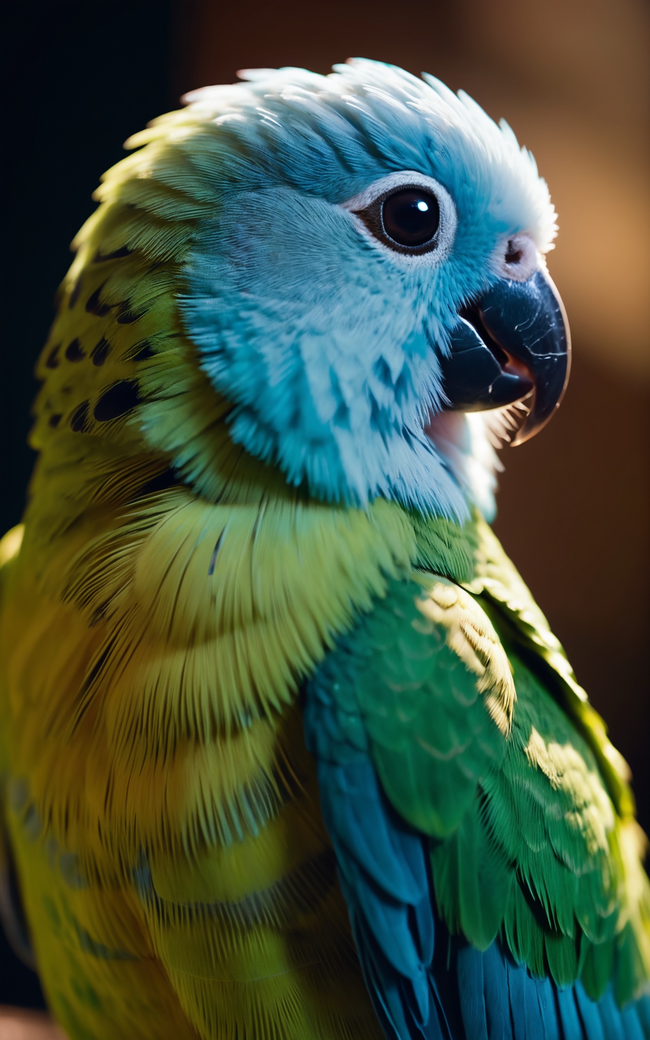 RAW photo, macro shot, cinematic photo of parakeet, colorful, dark shot, film grain, extremely detailed, 8k, masterpiece, 35mm photograph