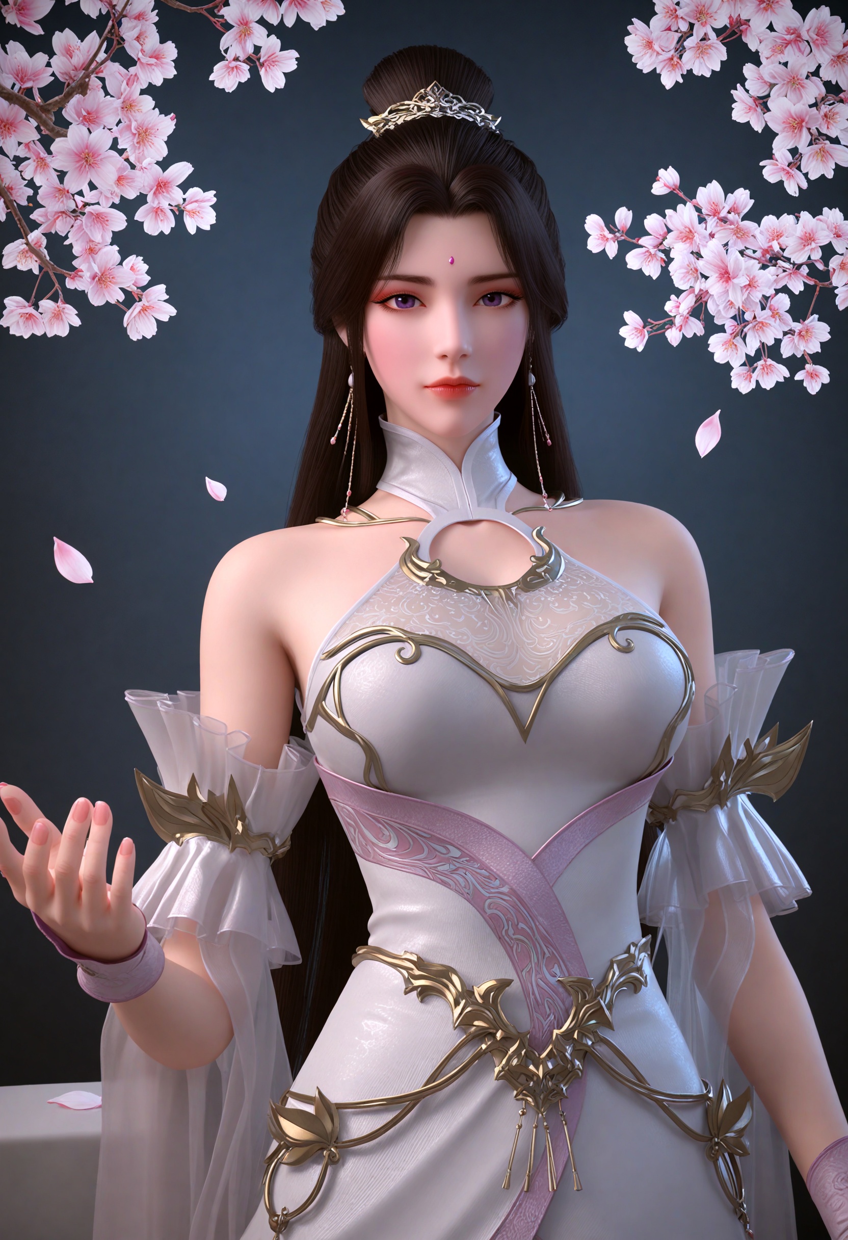 (cowboy shot:1.2),(gigantic breasts:0.6),(slender:1.3),(looking_at_viewer:1.1),(masterpiece:1.1),(best quality:1.2),(intricate details),dim lighting,(smog:1.3),(Dark room:1.3),(dim lighting:1.3),peach blossom,falling petals,<lora:YQ_li光辉v5_月婵_V1:0.8>,qq1528437228,solo,1girl,long_hair,dress,bare_shoulders,hair_ornament,black_hair,jewelry,white_dress,hair_bun,earrings,forehead_mark,single_hair_bun,brown_hair,purple_eyes,facial_mark,detached_sleeves,realistic,chinese_clothes,gloves,ribbon,forehead_jewel,masterpiece,(best quality),(intricate details:0.9) BREAK masterpiece,(best quality),(intricate details:0.9),(realistic skin:1.2),