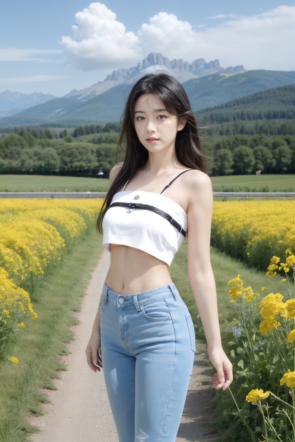 Realistic,(masterpiece:1.2),best quality,8K,HDR,RAW,1girl,(Black hair,delicate girl),((solo)),(Spring scenery, mountains in the distance, beautiful clouds, rape flower fields),huge breasts,standing,(Looking at the audience),<lora:add_detail:0.6>,<lora:GoodHands-beta2:1>,<lora:ENNE 白色无袖短上衣+牛仔裤_v09:1>,white leather_crop top,skinny jeans,