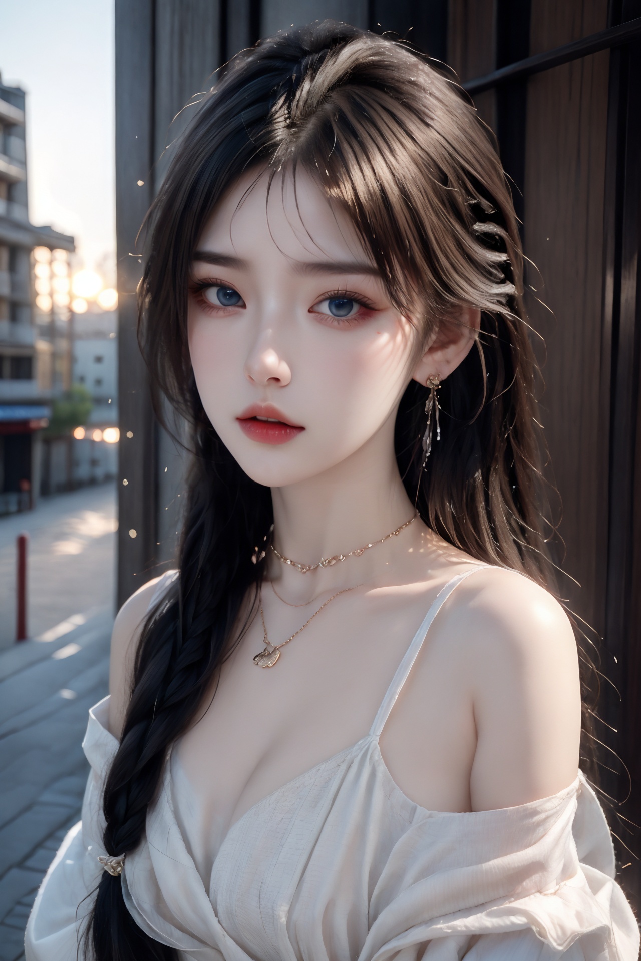 1girl, artist name, bare shoulders, blue eyes, blue hair, blurry, blurry background, braid, breasts, building, choker, cleavage, depth of field, earrings, hair over shoulder, jewelry, long hair, looking at viewer, medium breasts, necklace, off shoulder, outdoors, parted lips, single braid, solo, sunset, upper body  <lora:1:1>