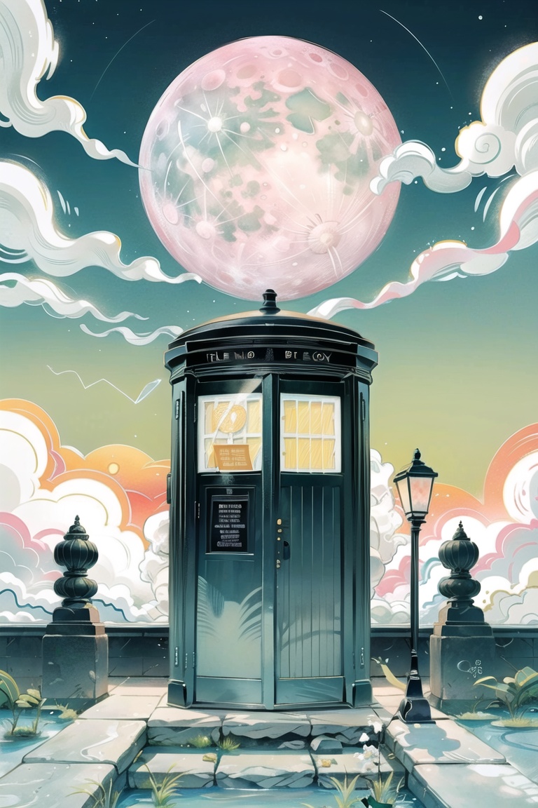 illustration,Telephone booth,moon,no humans,cloud,sky,full moon,traditional media,building,scenery,night,night sky,architecture,