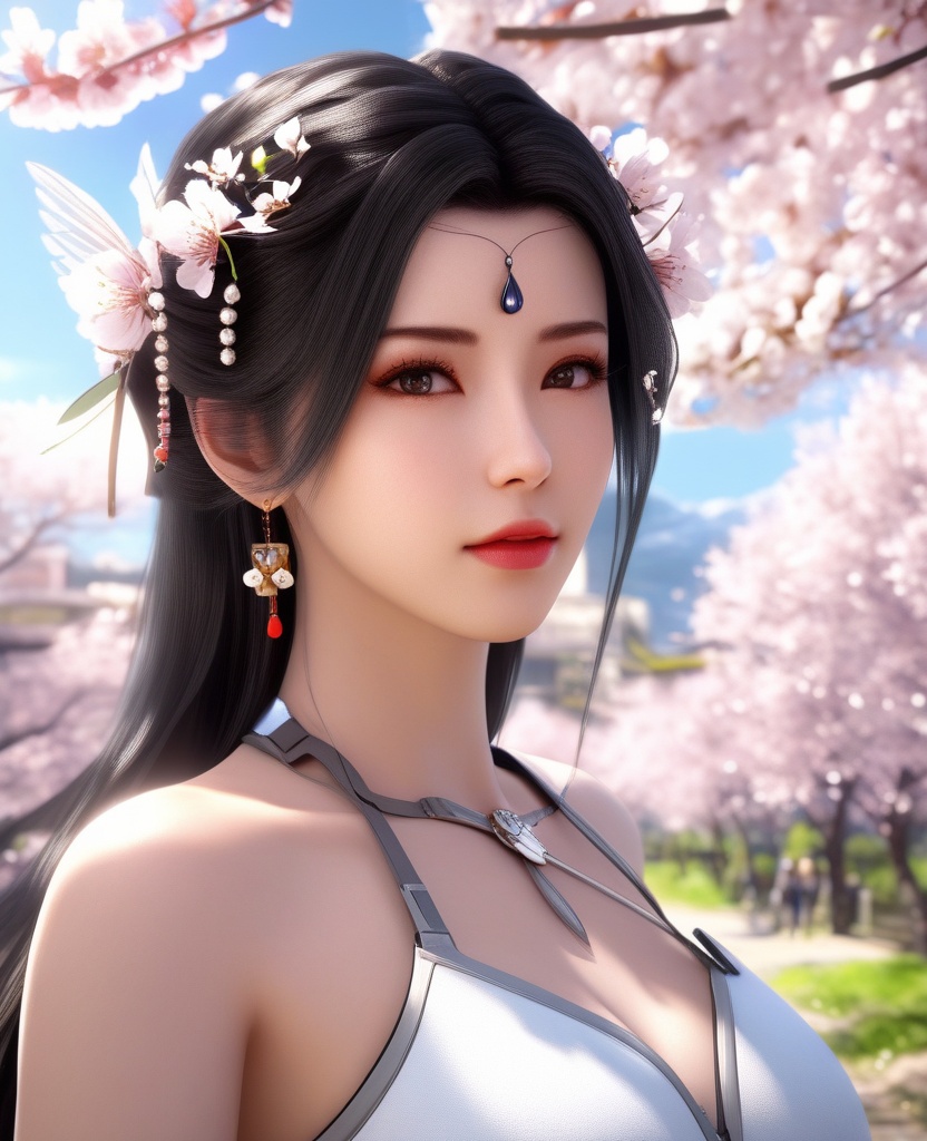 <lora:604-DA-XL-星辰变-姜立V2-新衣:0.8>(,1girl, ,best quality, ),looking at viewer,  ultra detailed background,ultra realistic 8k cg,ultra detailed 8k cg,masterpiece,upper body,  (( , )),, ,science fiction,mole, ultra realistic 8k cg, ,    ,outdoors, sun,sunlight, cherry blossoms,      (cleavage), (),