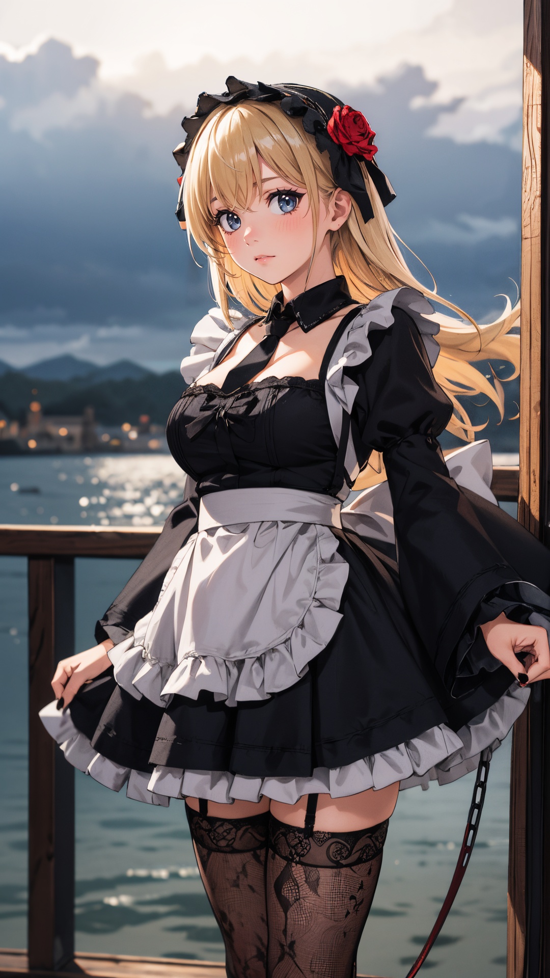 tutututu,1girl,solo,Kuroe Shizuku,lolita fashion,apron,pantyhose,gothic lolita,black dress,frills,hair flower,hair ornament,chain leash,black nails,wide sleeves,lace trim,long sleeves,rose,black footwear,black necktie,maid,fishnets,maid headdress,detached collar,red flower,thighhighs,hairband,chain,floral print,lolita hairband,garter straps,black thighhighs,lace,<lora:Kuroe Shizuku_Lolita-000007:0.45>,best quality,masterpiece,photorealistic,ultrarealistic,professional photograph shot on Canon EOS R6,80mm,1girl,(moody lighting:0.8),(beautiful 24 yo girl:1.05),admiral,standing on a ship deck,sailing the seas,solo,detailed eyes,sad face,beautiful,looking at viewer,embarrassed,water,confident pose,stormy sea,storm,wind,(dark theme:1.15),medium breasts,perfect curves BREAK (blonde hair, mid parted hair, straight hair, long hair:1.2),pronounced blush,<lora:epiNoiseoffset_v2:0.4>,