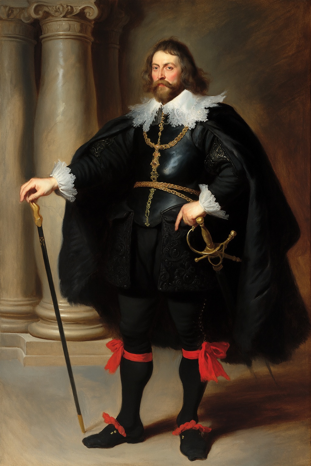 In the style of Peter Paul Rubens,  a portrait of a nobleman in black,  a full-length figure in rich dark clothing on Tens...