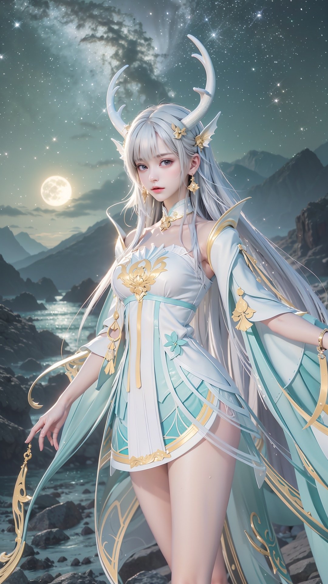 <lora:XS_20240321001747-000007:0.75>,XS,moon,green theme,scenery,full moon,star \(sky\),night,sky,outdoors,starry sky,night sky,nature,blurry,depth of field,landscape,cloud,forest,mountain,1girl,horns,solo,long hair,dress,white hair,toeless legwear,looking at viewer,antlers,jewelry,white dress,dragon horns,purple eyes,earrings,hair ornament,boots,virtual youtuber,white footwear,(upper body:1.3),, (raw photo:1.2),((photorealistic:1.4))best quality,masterpiece,illustration,an extremely delicate and beautiful,extremely detailed,CG,unity,8k wallpaper,Amazing,finely detail,masterpiece,best quality,official art,extremely detailed CG unity 8k wallpaper,absurdres,incredibly absurdres,huge filesize,ultra-detailed,highres,extremely detailed,beautiful detailed girl,cinematic lighting,1girl,pale skin,tall female,(perfect body shape),skinny body,Slender legs,, pale skin,tall man,long legs,thin leg,
