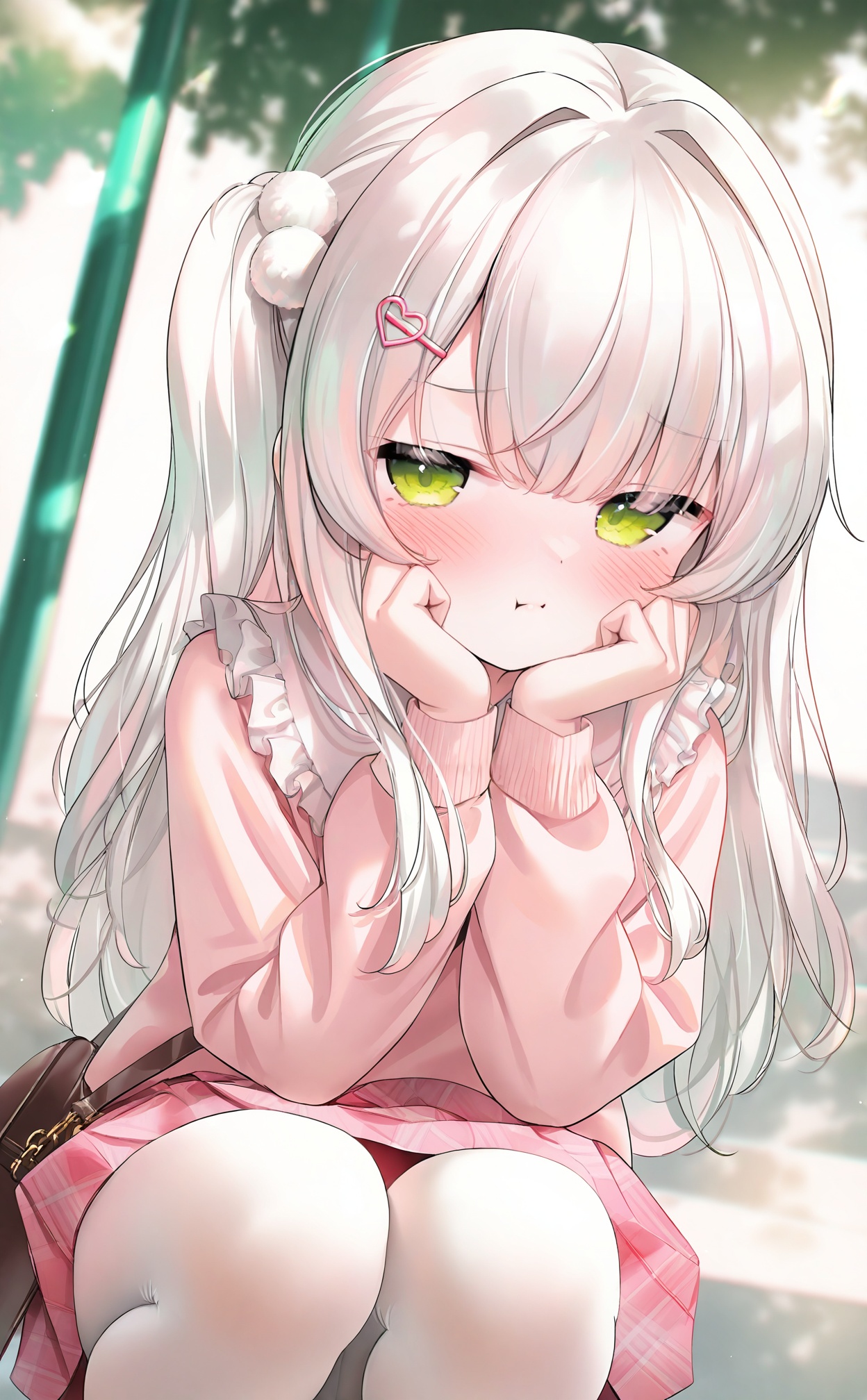 masterpiece,highres,absurdres,newest,best quality,loli,petite,high quality,chromatic_aberration,//,1girl,solo,heart_hair_ornament,pout,skirt,green_eyes,white_pantyhose,pantyhose,bag,long_hair,:t,squatting,white_hair,looking_at_viewer,pink_skirt,hair_ornament,plaid_skirt,long_sleeves,blush,heart,puffy_long_sleeves,closed_mouth,blurry_background,pleated_skirt,blurry,one_side_up,plaid,puffy_sleeves,feet_out_of_frame,shoulder_bag,shirt,sweater,depth_of_field,frilled_shirt_collar,hairclip,two_side_up,hands_on_own_face,//,<lora:guizhencao2——【noob】hans-000008:1>,
