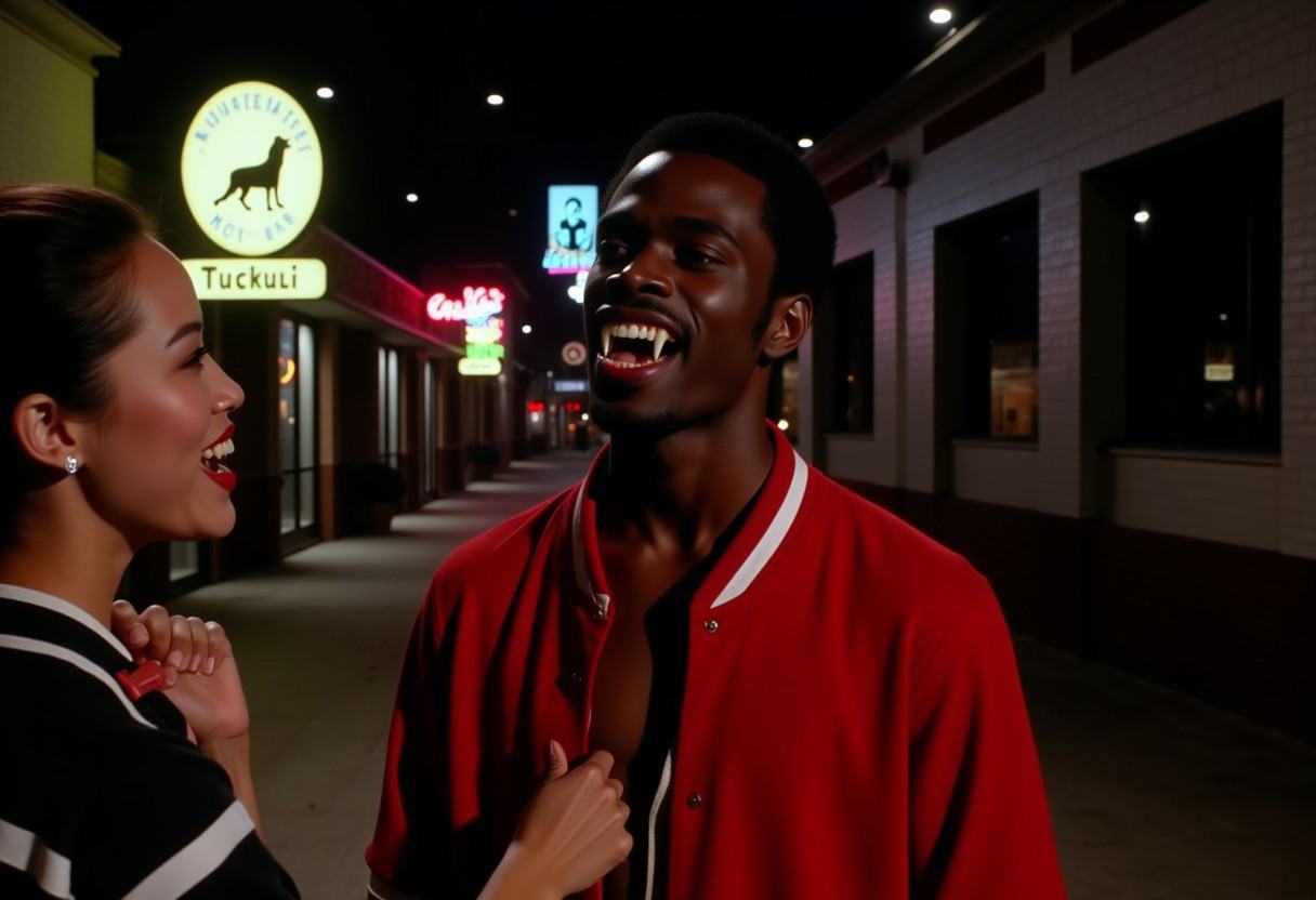 Vampyfangs1. a film still photo. 35mm. 4k. From a 2003 movie. a black Jamaican vampire and is showing off his fangs,  he i...