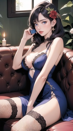 (best quality), ((masterpiece)), (highres), illustration, original, extremely detailed,1girl, solo, flower, fishnets, corded phone, breasts, fishnet thighhighs, hair ornament, thighhighs, cleavage, side slit, hair flower, blue eyes, dress, rose, phone, purple hair, medium breasts, candle, sitting, gem, couch, window, petals, pillow, lips