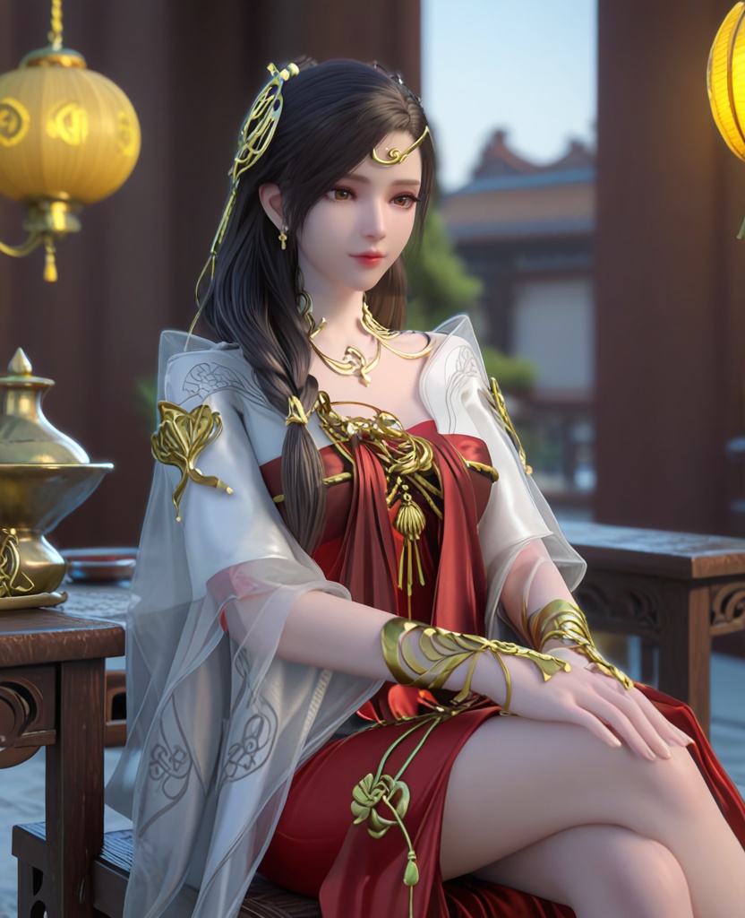 (oriental architecture, elegant decor, sophisticated style:1.1),(Sitting on a chair with legs crossed, resting chin on hand,:1.1),(breasts:1.2),<lora:XL雪鹰领主许琴:0.95>,miss xuqin,chest-length ru skirt,black hair,long hair,see-through sleeves,circlet,jewelry,obi,bracelet,brown eyes,hair ornament,braid,lips,, score_9,score_8_up,score_7_up,score_6_up,score_5_up,score_4_up,3d rendering,tag1,tag2, Cinematic Lighting,backlighting,