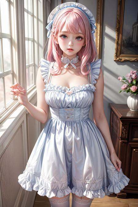 (masterpiece, best quality), 1girl, blue and white frill dress, (white stockings), pink hair, cute face, standing, indoor, intricate detail, sunlight, <lora:add_detail:1>