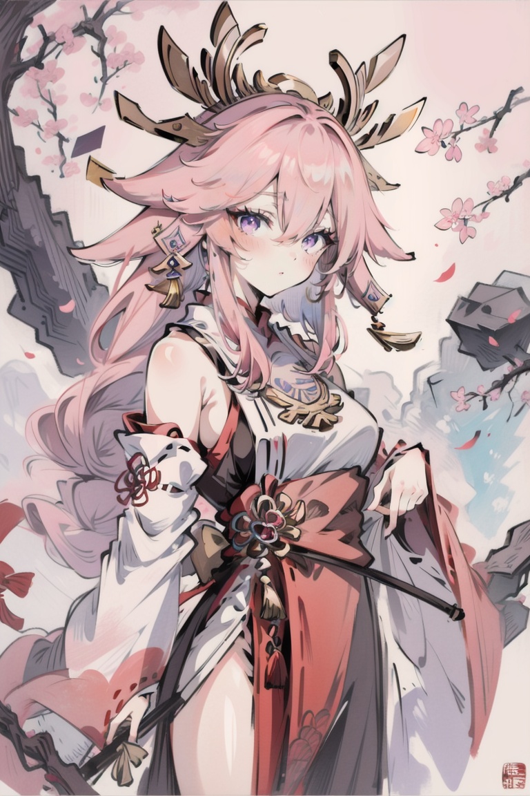 ((HRD, HUD, 8K)),((masterpiece, best quality)), highly detailed,YuanShen, 1girl, solo, yae miko, pink hair, purple eyes, long hair, detached sleeves, japanese clothes, animal ears, looking at viewer, fox ears, breasts, branch, hair between eyes, jewelry, wide sleeves, earrings, bangs, bare shoulders, cherry blossoms, nontraditional miko, sketch, medium breasts, tree, hair ornament, <lora:20240318-1710771192163:0.9>