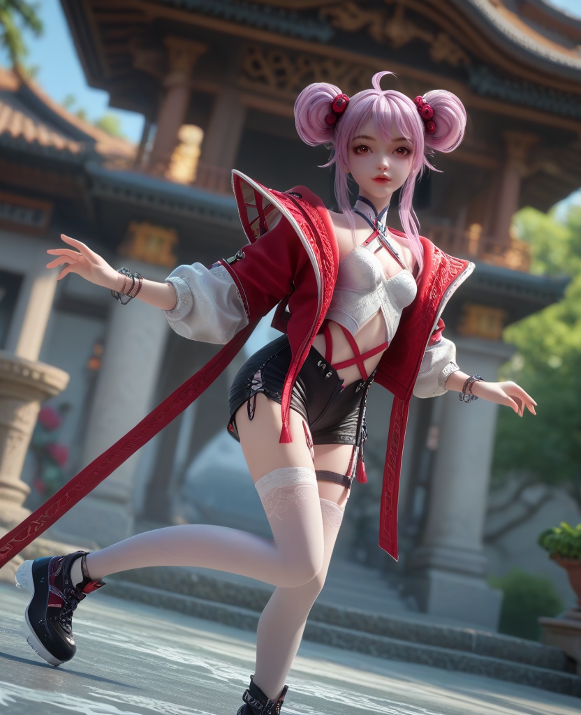 (oriental architecture, elegant decor, sophisticated style:1.1),(ice skating:1.1),(breasts:1.2),<lora:XL16克金玩家炙珠:0.95>,teenage girl,open red jacket,white corset,red eyes,red lips,pink hair,ahoge,double bun with front strands,hair ornament,black short shorts,mismatched thighhighs,bracelet,sneakers,, score_9,score_8_up,score_7_up,score_6_up,score_5_up,score_4_up,3d rendering,tag1,tag2, Cinematic Lighting,backlighting,, zPDXL3, zPDXL2,zPDXL, zPDXLxxx, zPDXLrl,