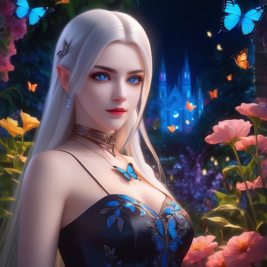 <lora:850-DA-XL-斗破苍穹-美杜莎-红色睡衣:0.8>, (masterpiece),(best quality),night,glowing eyes,gothic,long dress, 1 girl, solo, long white hair, blue eyes, detailed eyes, blink and youll miss it detail,butterfly, flower garden, high quality, floral background, very detailed,off shoulde