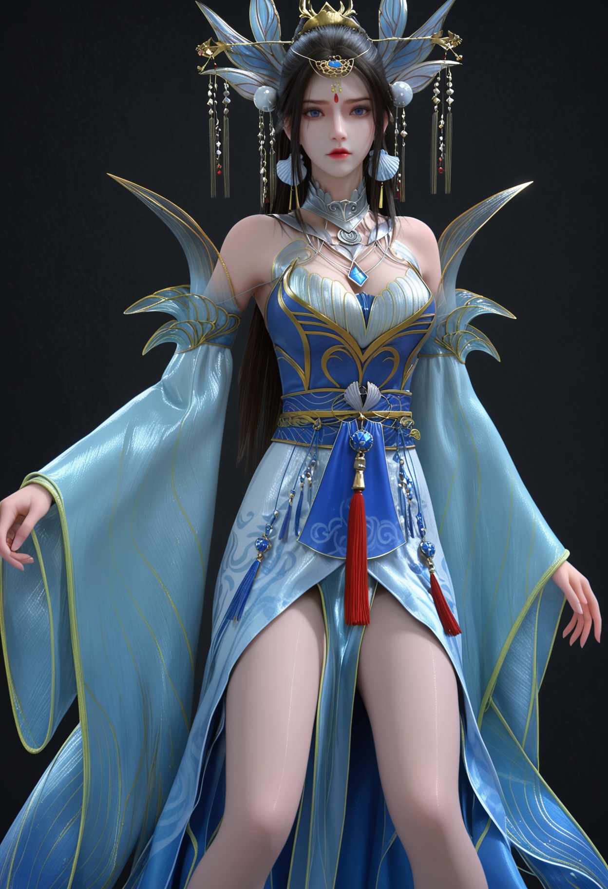 (cowboy shot:1.2),score_9,score_8_up,masterpiece,(best quality),intricate details,facing viewer,(looking at viewer:1.1),<lora:YQ_pony_chuxuan_V4:0.8>,q1528437228,1girl,solo,hair ornament,black hair,long hair,jewelry,dress,earrings,blue dress,chinese clothes,detached sleeves,blue eyes,sash,necklace,high heels,hair bun,tiara,blue footwear,brown hair,forehead mark,wide sleeves,long sleeves,pantyhose,ponytail,detached collar,collar,thighs,gold footwear,BREAK(score_9:1.2),(score_8_up:1.2),masterpiece,best quality,very aesthetic,perfect anatomy,(hourglass),perfect face,(simple background,pure black background,black background:1.1),fair_skin,(shiny_skin:1.1),Ivory_skin,