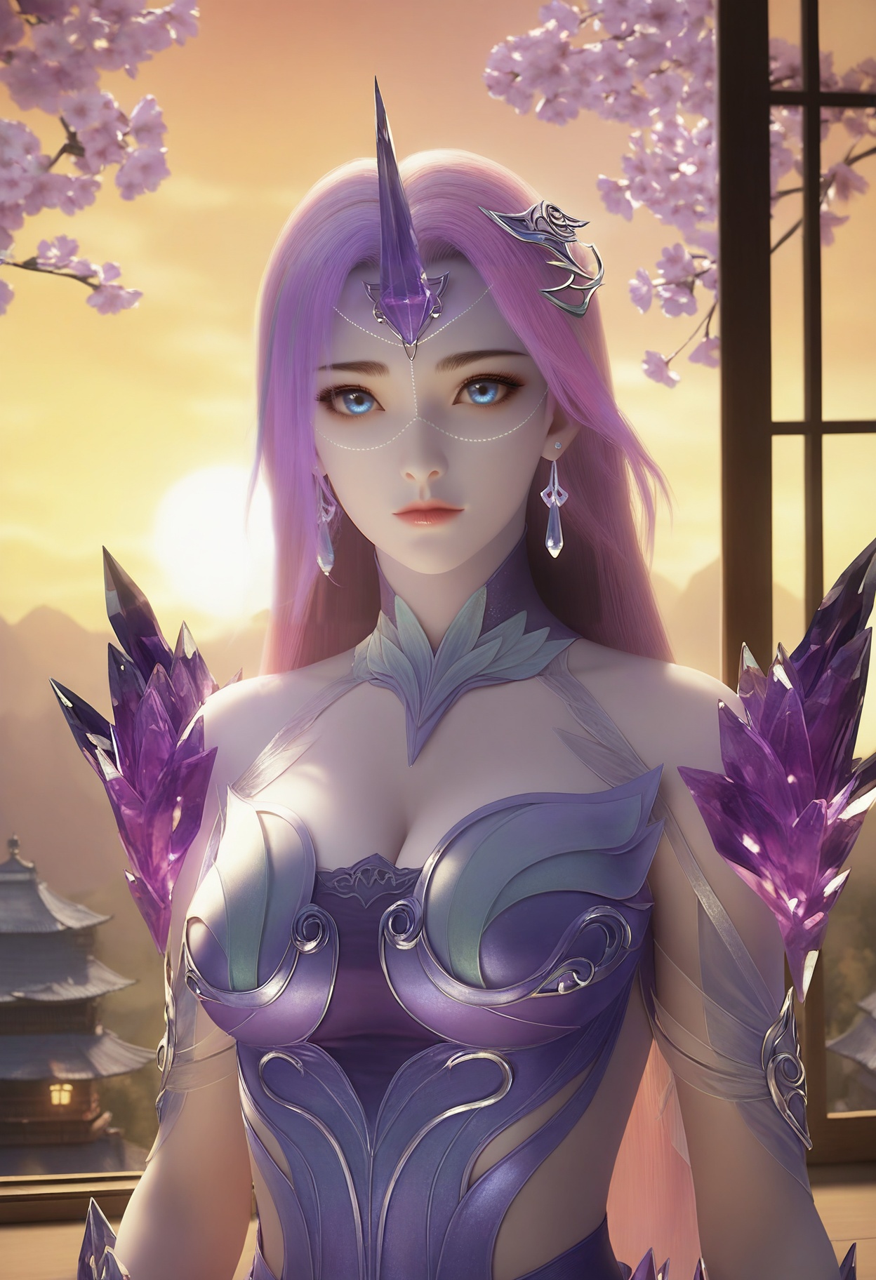 Yue_liu,1girl,blue eyes,long hair,purple hair,earrings,jewelry,hair ornament,crystal,single horn,pink hair,bare shoulders,gem,cleavage,<lora:Yue_liu_10_illu-000005:0.75>,dress,armor,see-through,skirt,purple dress,photorealistic,hyperrealistic,(pale skin:1.2),looking at viewer,standing,(upper body:1.2),close up,head shot,lantern,open window,looking at viewer,indoors,mountains,blossoms,flowers,east asian architecture,beautiful sunrise,warm ambient temperature,