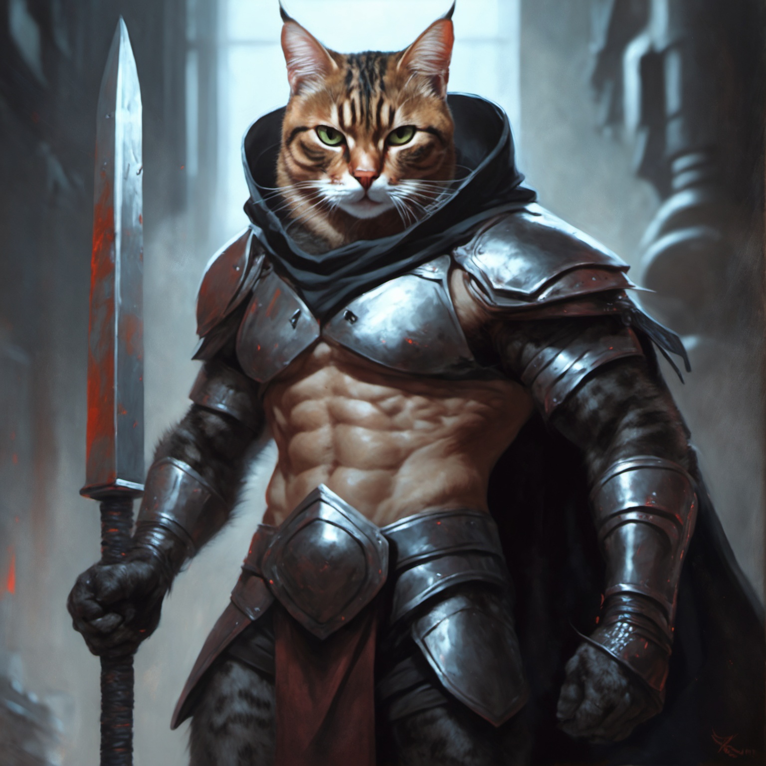 Painting,  Enticing cat,  in Barbarian suit on Tensor.Art