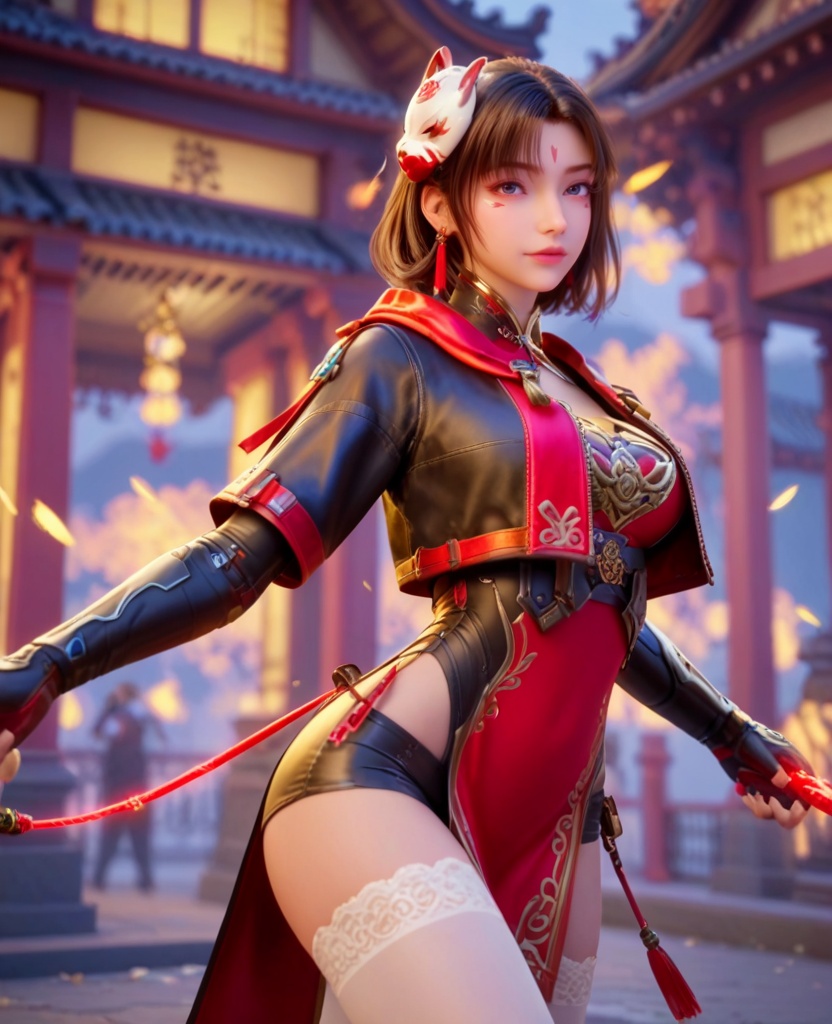(oriental architecture, elegant decor, sophisticated style:1.1),(Standing with one foot on a step, looking ahead,:1.1),(breasts:1.2),<lora:XL穿越火线蝉:0.95>,miss chan,cropped jacket,red corset,facial mark,blue eyes,brown hair,short hair,fox bun cover,fingerless gloves,red pelvic curtain,white thighhighs,black shorts,fire whip,mask on head,, score_9,score_8_up,score_7_up,score_6_up,score_5_up,score_4_up,3d rendering,tag1,tag2, Cinematic Lighting,backlighting,, zPDXL3, zPDXL2,zPDXL, zPDXLxxx, zPDXLrl,