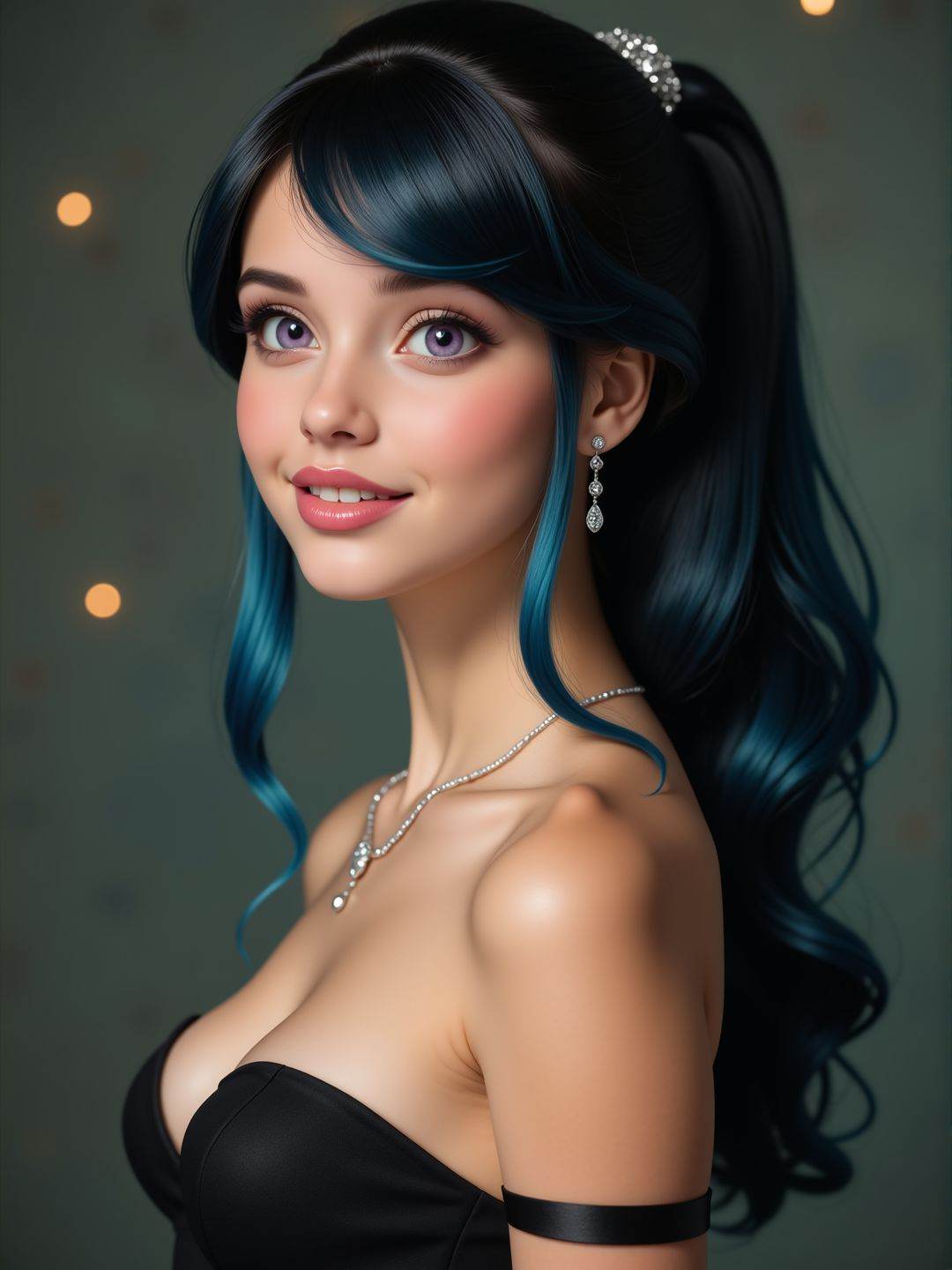 A close portrait of a young elegant woman. 18yo. She wears a black elegant dress ,  earrings,  eyeliner on Tensor.Art