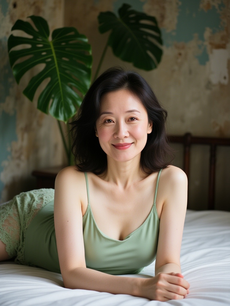 ss,  an attractive, slender Asian woman with medium-length black hair, lying on a bed in a vintage, rustic room. She wears a light green **** top and matching lace shorts. Large green monstera leaves add contrast in the background.<lora:SA-T-女性主义_S40.4:1>
