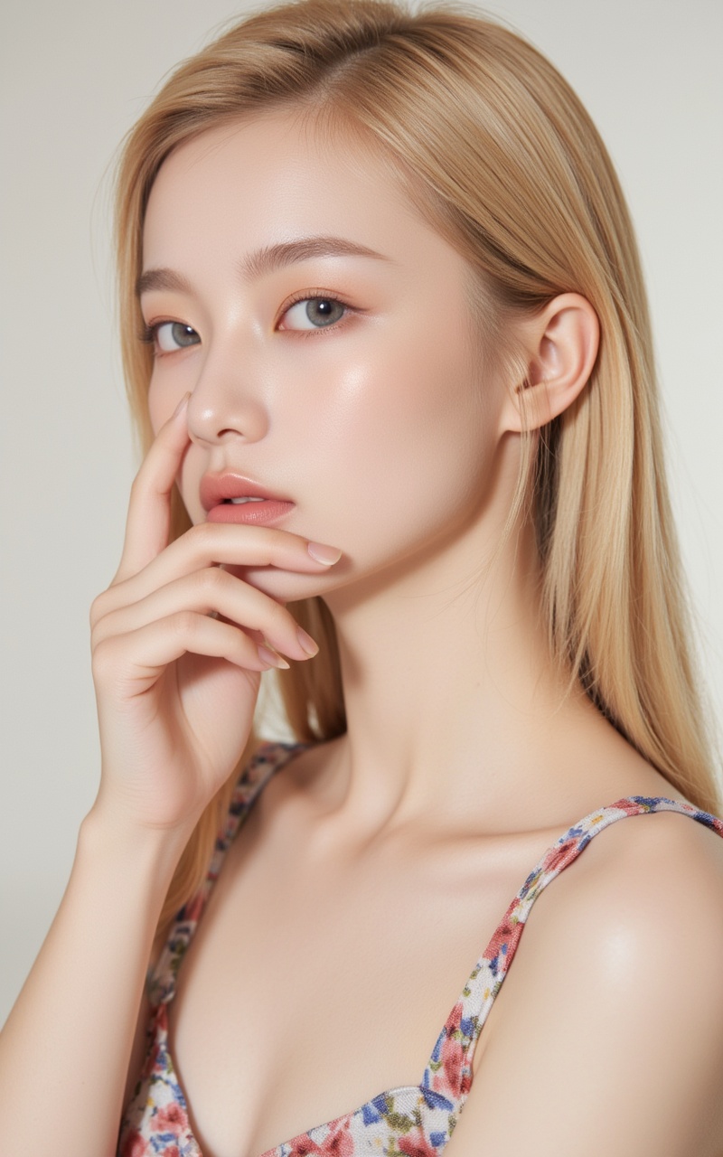 <lora:时尚滤镜10:0.2>,1girl,solo,blonde hair,long hair,grey eyes,upper_body,dress,realistic,absurdres,close-up,front view,<lora:皮肤质感10:0.8>,