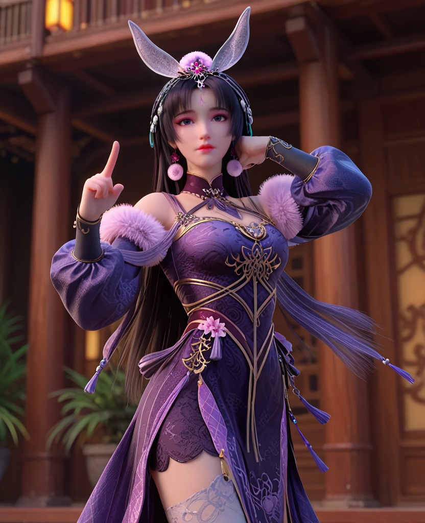 (oriental architecture, elegant decor, sophisticated style:1.1),(Standing with one arm raised, pointing in the distance:1.1),(breasts:1.2),<lora:XL暗河传慕雨墨:0.95>,miss muyumo,purple halter dress,pom pom \(ornament\),rabbit ears hair ornament,jewelry,puffy long sleeves,forehead mark,fur trim,black hair,long hair,purple eyes,parted bangs,white thighhighs,, score_9,score_8_up,score_7_up,score_6_up,score_5_up,score_4_up,3d rendering,tag1,tag2, Cinematic Lighting,backlighting,