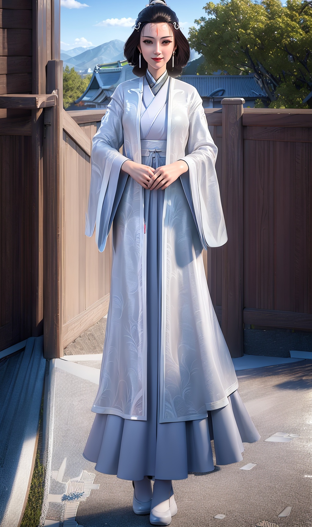 masterpiece,(best quality),official art, extremely detailed cg 8k wallpaper,((crystalstexture skin)), (extremely delicate and beautiful),highly detailed,1girl,solo,long hair,headwear,(standing),( hair),(( dress)),, (chinese_clothes),(shoes),((closed mouth)((full body)),sweet smile, (medium breasts),((hair_ornament)), (japanese_clothes:0.877), (fishnet_gloves:0.780), (racket:0.736),(sunshine, outdoor,),((looking_at_viewer)),((Facing the camera))，, <lora:hipoly3DModelLora_v10:0.3>