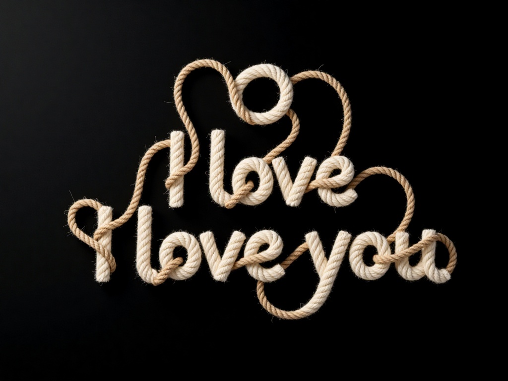 IPBD,Photograph of the words "I love you" crafted from tightly coiled,cream-colored rope against a solid black background. The rope letters are intricately intertwined,creating a heart shape with the "O" in "love" and the "U" in "you." The texture of the rope is rough and fibrous,contrasting with the smooth,matte black backdrop.,