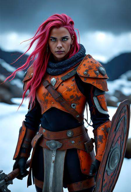vikingpunk style  old  powerful female (XX) indian, mocha skin, olive green eyes, character, Lean build, long retro magenta pink hair, ,, wearing a rusted orange stormforged armor, shock absorbent boots, leather-bound shield, set in  the desolate niflheim-wastelands, a frozen expanse of shattered glaciers and howling winds, haunted by skeletal remains of colossal beasts and remnants of failed technology. , in twilight,,