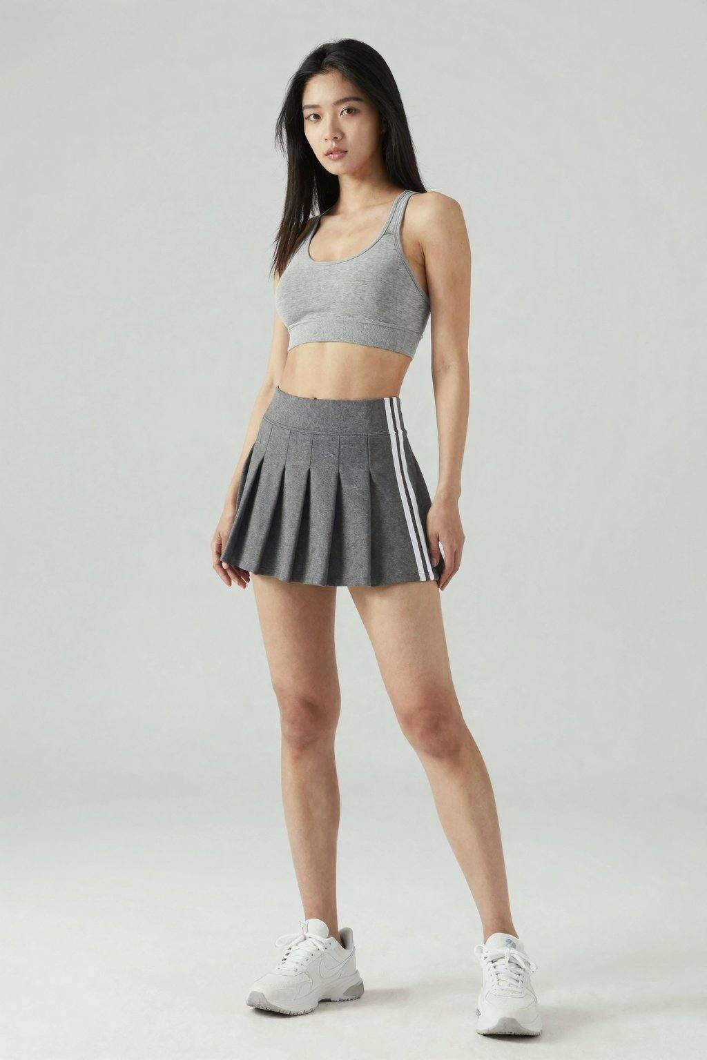 <lora:20260207_TinZITGirlLoraB:0>, 创建一张年轻女性站在极简主义风格的摄影棚内，背景为白色。她留着一头乌黑的长直发，身穿灰色紧身运动文胸和灰色超短百褶裙，裤子侧边饰有一条时尚的白色条纹。她的姿势动感而放松，展现出健美的体态。她脚上的白色运动鞋简洁时尚，与整体运动造型相得益彰。整幅画面应强调运动感和时尚感，柔和的光线营造出轻柔的阴影，凸显她的身材曲线。