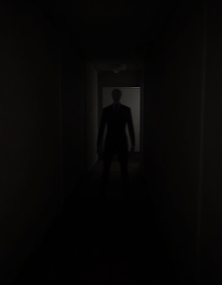 the image shows a dark hallway ,there is a slenderman,<lora:majichorror_flux:1>,