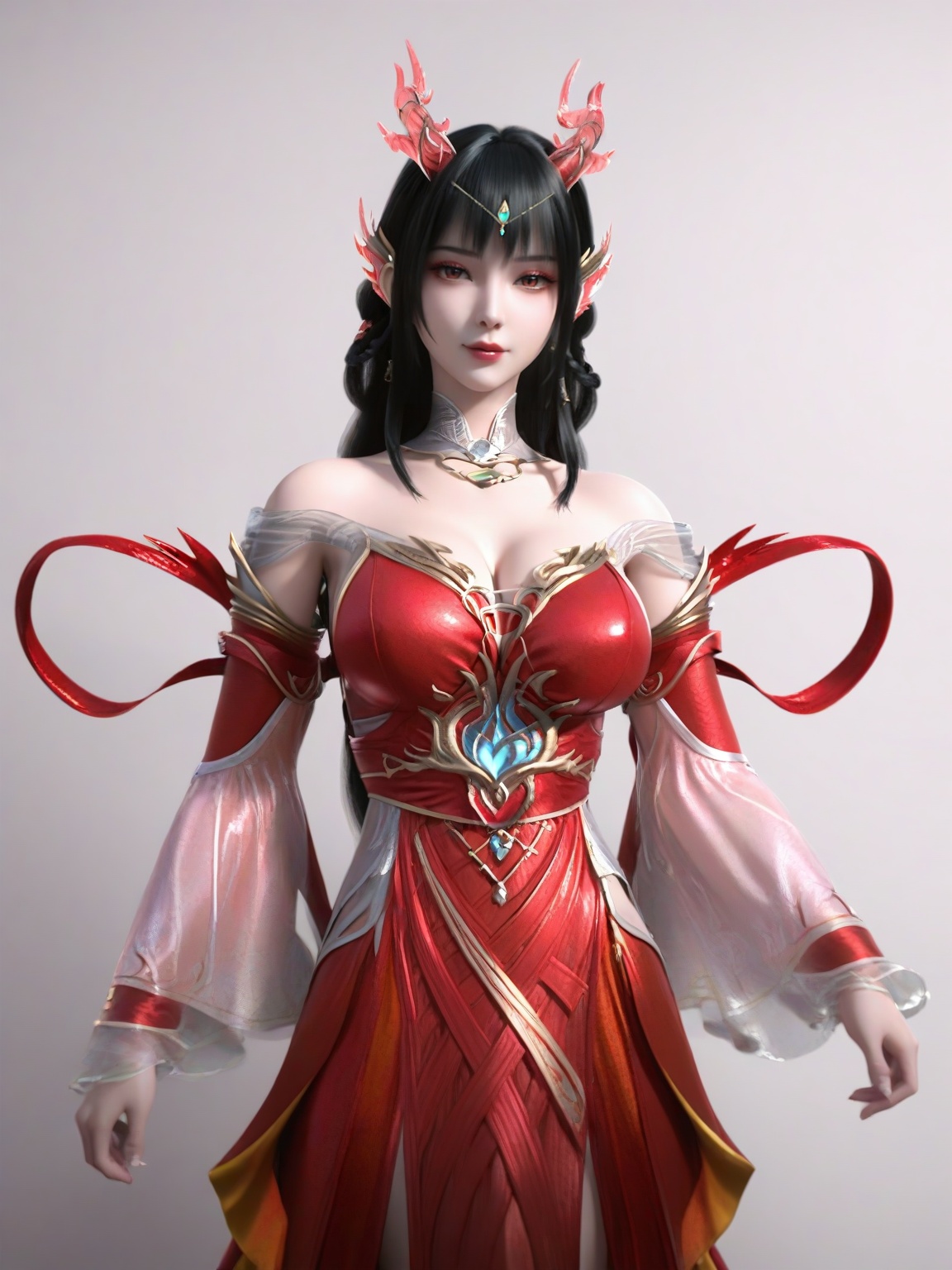 score_9,1girl,standing,solo,eyeshadow,dragon horns,bangs,bare shoulders,black hair,dress,hair ornament,red dress,earrings,detached sleeves,breasts,large breasts,lipstick,simple background,looking at viewer,cowboy shot, <lora:SF_YunLuo_Pony_Realism2.3-000004:0.7>,