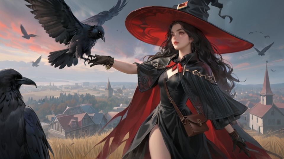 (best quality), ((masterpiece)), (highres), illustration, original, extremely detailed, <lora:ACG ART3_XL:0.7>1girl, hat, crow, bird, long hair, red eyes, witch hat, black hair, gloves, dress, witch, bag, artist name, black dress, blurry, black gloves, capelet, weapon