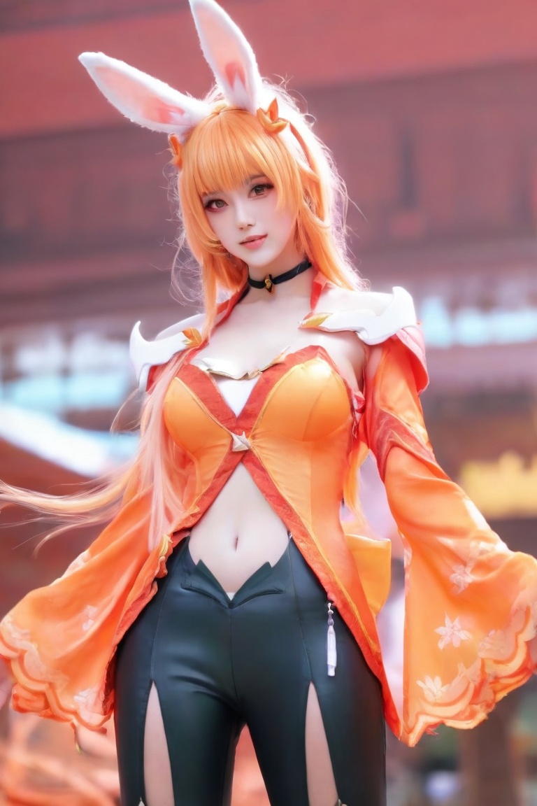 <lora:ALI公孙离-000008:0.7>,ALi,1girl,animal ears,long hair,rabbit ears,solo,navel,clothing cutout,breasts,choker,looking at viewer,black pants,orange hair,navel cutout,blurry background,pants,bangs,masterpiece,best quality,