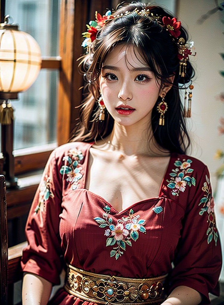 a woman in a red dress sitting down with her hand on her hip and a flower in her hair,blurry,1girl,depth_of_field,blurry_background,earrings,jewelry,bokeh,hair_ornament,solo,long_hair,lens_flare,black_hair,moon,dress,lips,hair_flower,chinese_clothes,breasts,<lora:国风写实V1.0:0.8>,