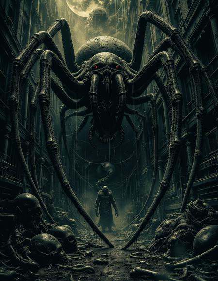 A massive,  grotesque spider with hairy legs and multiple red eyes lurks in the shadows of an abandoned mansion. Its web,...