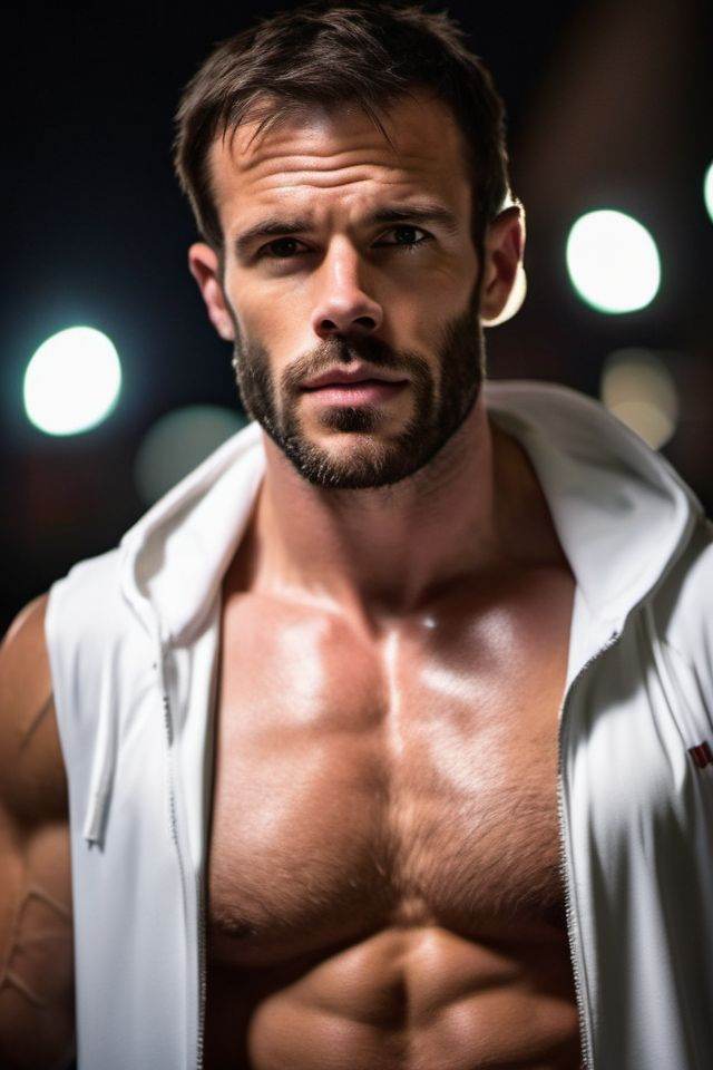 Charlie Weber a man ,  realistic photo in a worn ((skin-revealing skimpy erotic white tracksuit,  massive hairy pecs)) on...