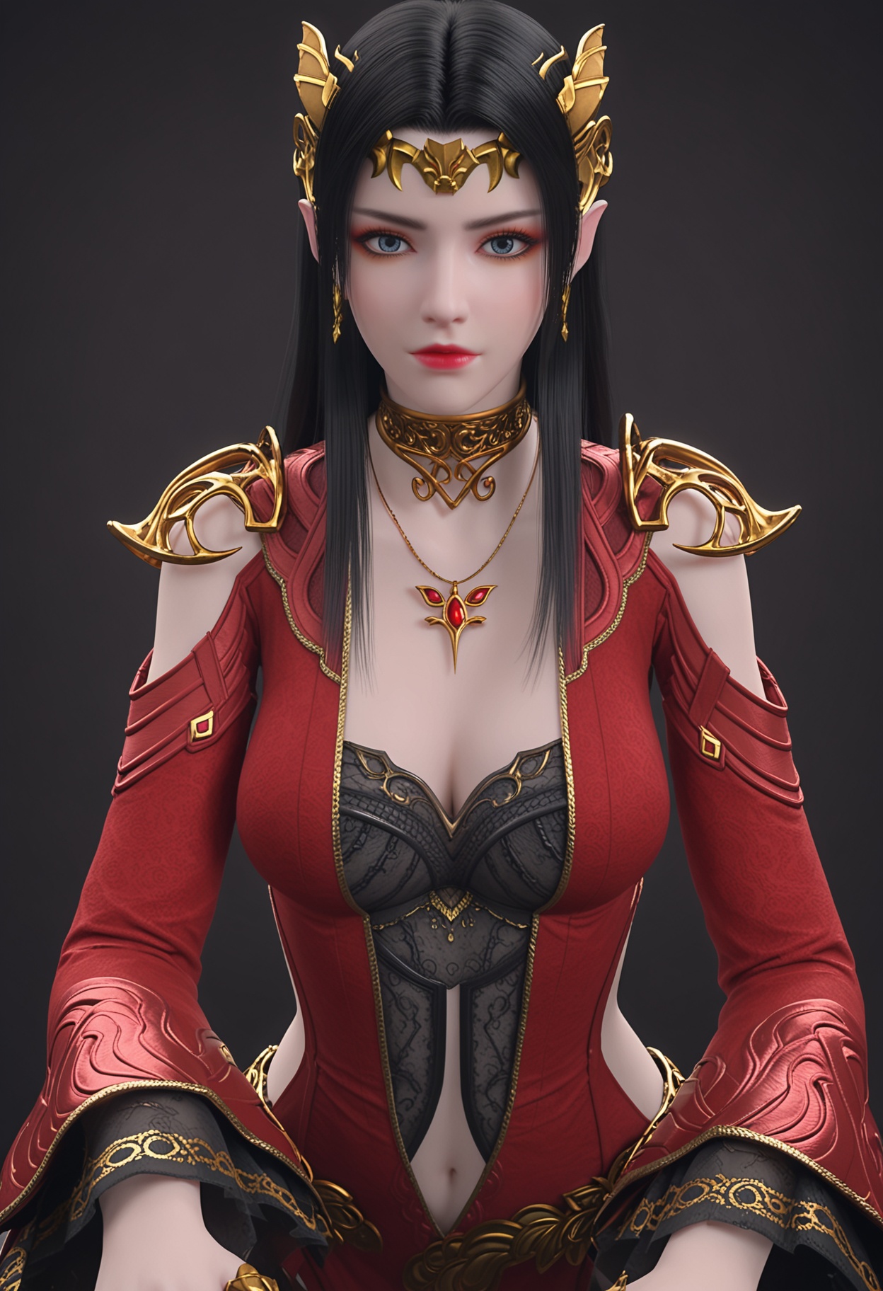 (looking_at_viewer:1.2),(upper_body:1.2),<lora:YQ_pony_meidusha_V7:0.8>,solo,1girl,q1528437228,long hair,black hair,jewelry,hair ornament,earrings,dress,red dress,necklace,blue eyes,collar,metal collar,brown hair,high heels,red footwear,circlet,armor,red jacket,cleavage,(simple background,pure black background,black background:1.1),perfect_anatomy,