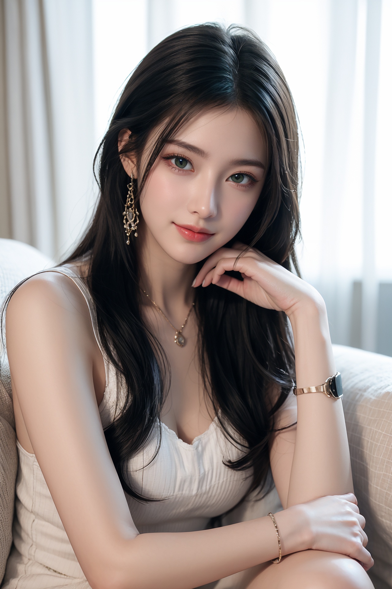1girl, black hair, bracelet, dress, green eyes, lips, long hair, looking at viewer, pillow, realistic, sitting, smile, solo, watch, white dress, wristband, wristwatch <lora:美女:0.8>
