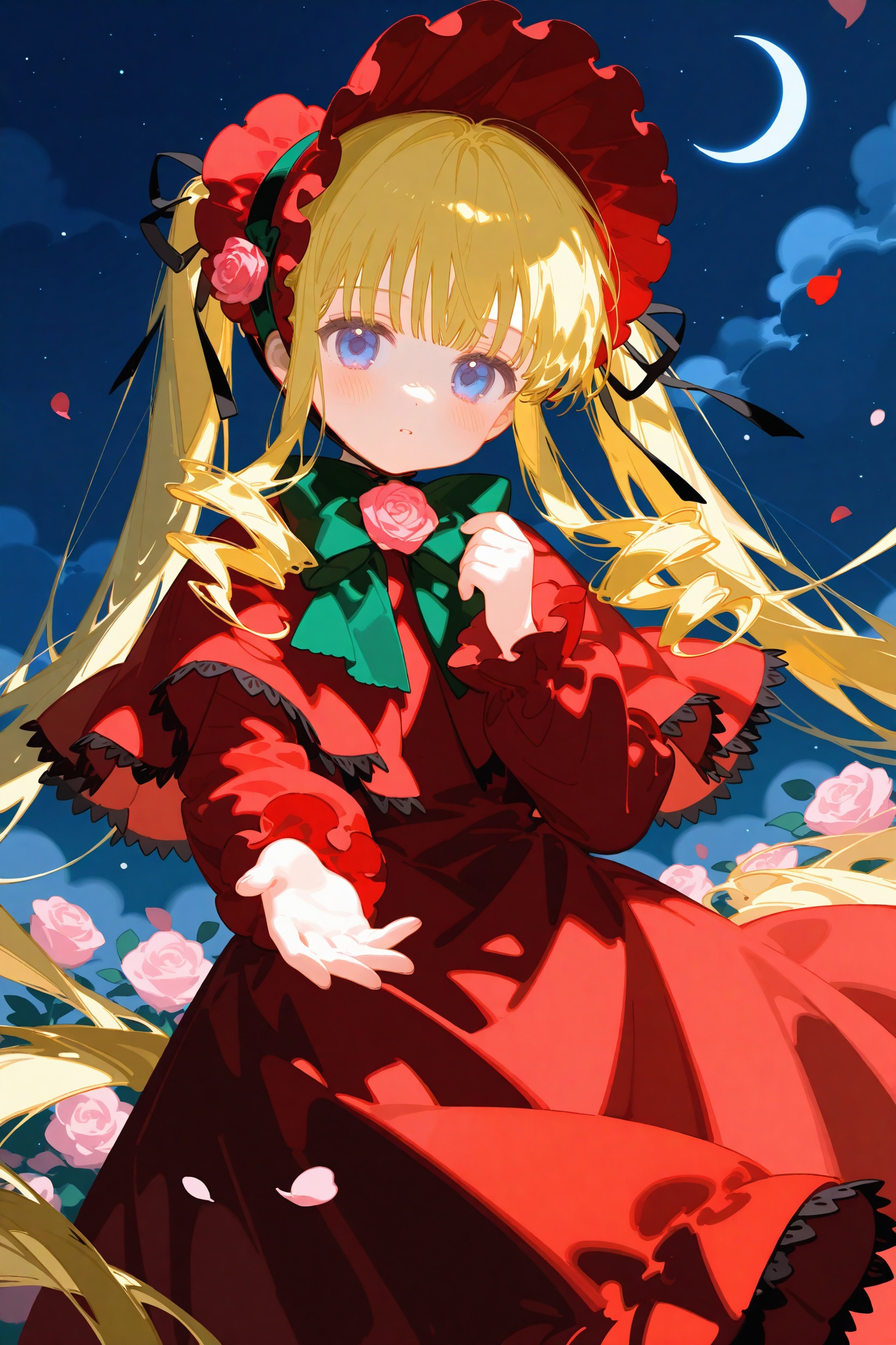 artist:ciloranko,1girl,shinku,solo,flower,dress,long hair,red dress,blonde hair,pink flower,bonnet,bow,red capelet,rose,looking at viewer,pink rose,red headwear,twintails,crescent moon,bowtie,long sleeves,drill hair,blue eyes,green bowtie,very long hair,moon,sidelocks,capelet,drill sidelocks,lolita fashion,black bow,hair ornament,expressionless,petals,flower brooch,night,frills,closed mouth,sky,green bow,black bowtie,reaching,reaching towards viewer,ribbon,falling petals,long dress,hair flower,blunt bangs,frilled capelet,frilled sleeves,hair ribbon,floating hair,night sky,outstretched hand,blush,purple eyes,black ribbon,red rose,outstretched arm,frilled dress,outdoors,red flower,cowboy shot,parted lips,twin drills,hat,absurdly long hair,cloud,feet out of frame,standing,hair bow,crescent,hand up,star (sky),rose petals,light blush,