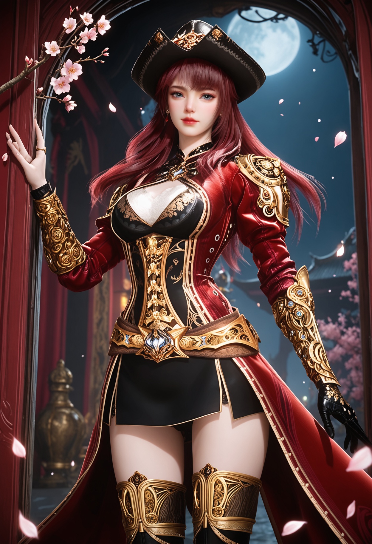 (cowboy shot:1.2),(looking at viewer:1.1),masterpiece,(best quality),smog,Dark room,dim lighting,peach blossom,falling petals,<lora:YQ_Illustrious光辉v5_梦红尘_V1:0.8>,q1528437228,solo,1girl,hat,long hair,red hair,boots,thighhighs,blue eyes,gloves,thigh boots,skirt,armor,pink hair,jewelry,belt,brown hair,pirate hat,earrings,coat,high heels,red coat,black gloves,grey eyes,dress,miniskirt,black eyes,black footwear,high heel boots,black headwear,long sleeves,single glove,