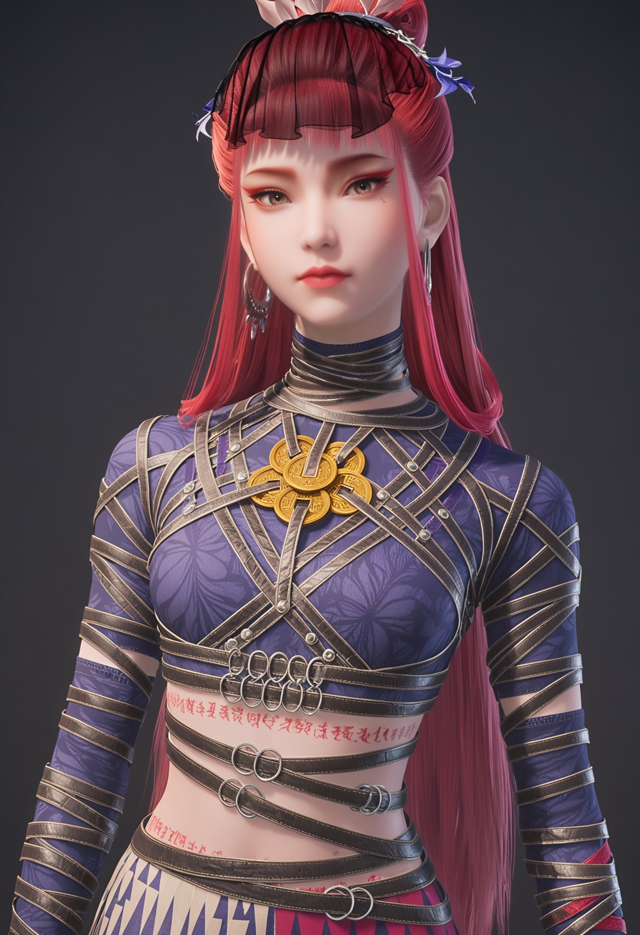 perfect_anatomy,score_9,(upper_body:1.1),looking_at_viewer,<lora:YQ_pony_jiangchen_V4:0.8>,solo,1girl,long_hair,red_hair,jewelry,earrings,makeup,hair_ornament,red_lips,eyeshadow,hair_bun,blunt_bangs,skirt,breasts,brown_eyes,mole_under_eye,single_hair_bun,hoop_earrings,crop_top,long_sleeves,midriff,realistic,hair_flower,perfect_anatomy BREAK perfect_anatomy,simple background,black background,(shiny_skin),(Ivory_skin:1.1),(cinematic lighting),